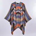 Close-up of bohemian knit shawl detailing geometric patterns and thick texture - Hooded Multi-color Stripe Diamond Orange / 130x150cm