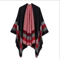 Knitted cashmere-feel poncho cape with geometric stripes in navy and red - Four Stripes / Black