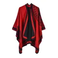 Classic British style red and black ethnic knit poncho shawl for autumn and winter - 135*155CM / Black Red Sunflower