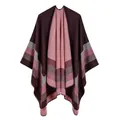 Detail of burgundy striped knit poncho shawl with high-quality edge stitching finish - Four Stripes / Coffee