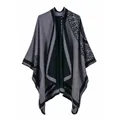 Classic British style dark grey knitted poncho with black mandala floral patterns - 135*155CM / Black Gray Sunflower