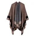 Detail view of coffee and grey knit poncho with black stripes and fine edge stitching - Striped Khaki