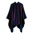 Detail of color-block geometric knit shawl in navy, burgundy and black soft fabric - Dark Red