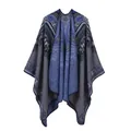 Close-up of knit shawl showing intricate blue and grey geometric bohemian patterns - 135*155CM / Abstract Gray and Blue