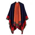 Thick geometric knit shawl with orange and navy double-sided contrast design - Single Stripe / Navy Blue