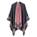 Detail view of double-sided knit shawl with gray and pink contrast and edge stripes - Single Stripe / Gray