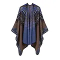 Brown and blue geometric ethnic knit poncho shawl with thick warm fabric for women - 135*155CM / Abstract Camel and Blue