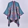 Aztec style knitted poncho in blue, purple and grey with vintage floral stripes - Green with Flower