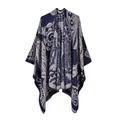 Detail of bohemian paisley pattern on thick dark blue knit shawl and winter poncho - Navy Blue Paisley