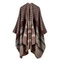 Brown knit poncho wrap with geometric rhombus pattern and multicolored striped hem - Geometric Stripe Coffee