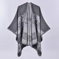 Grey knit poncho cape with rose floral pattern and split front for women - Flower Grey