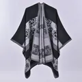 Women's thick knit poncho with black and grey floral jacquard pattern and open front - Flower Black