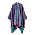 Bohemian style knitted shawl featuring purple and cyan stripes with geometric patterns - Geometric Stripe Purple