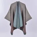 Teal to dusty pink gradient cashmere-feel poncho shawl with fine stitched edges - Gradient Blue