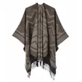 Close-up of knit shawl texture with earth-tone geometric patterns and fringe edges - Tassel Large Wave Khaki / Khaki