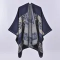 Navy and grey floral knit poncho cape for women with a vintage geometric pattern - Navy Blue Floral