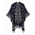 Detailed view of dark blue and grey geometric knit pattern with fine tassel fringe edges - Tassel Large Wave Navy Blue / Navy Blue