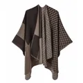 Winter split knit poncho shawl with brown checkerboard pattern and color blocking - One Size / Color Block Coffee