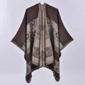Women's plaid poncho in thick faux cashmere with brown and beige floral pattern - Floral Coffee