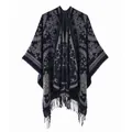 Close-up of navy blue and grey paisley ethnic knit shawl with fine tassel detailing - Tassel Paisley Totem Style / Navy Blue (Navy)