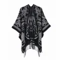 Detail of bohemian black and grey paisley knit shawl with long fringe tassels - Tassel Paisley Totem Style / Black(Black)
