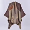 Aztec style knitted poncho with brown leopard print and patchwork striped design - Leopard Coffee