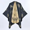 Chinese jacquard thick shawl wrap featuring black and ginger yellow ginkgo leaf pattern - Ginkgo Leaf Black Gold
