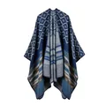Star pattern cashmere-like knit poncho shawl in deep blue, light blue, and grey stripes - Geometric Stripe Navy