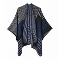 Women's reversible geometric knit poncho shawl with thick warm jacquard pattern - Navy Geometric Stripe