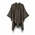 Detail of bohemian paisley knit shawl featuring decorative black tassels and soft fabric - Tassel Paisley Totem Style / Khaki (Khaki)