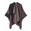 Close-up of color-block knit shawl with refined edge stitching and soft texture - One Size / Color Block Grey Pink