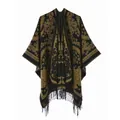 Detailed close-up of ethnic paisley pattern and long tassels on this vintage black gold shawl - Tassel Paisley Totem Style / Black Yellow (Black-Yellow)
