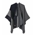 Close-up of thick knit shawl with dark blue and grey grid pattern and stitched edges - One Size / Color Block Black Grey