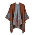 Reversible knit shawl cloak with large retro patterns in brick red and grey blue - Vintage Orange Cloud