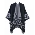 Detailed view of dark blue and grey cashmere shawl featuring elegant spiral knit patterns - Vintage Lucky Cloud Black