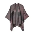 Close-up of geometric pattern jacquard and fine stitching on a thick warm poncho - Gray Pink Geometric Stripe