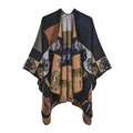 Ethnic knit poncho cloak with geometric patterns and reindeer motifs in dark navy and brown - 130x150cm / Vintage Cultural Relics Yellow