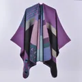 Thick purple knit poncho with animal print and teal stripes in a bohemian style - Leopard Print Purple