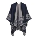 Detail of navy and grey reversible knit shawl with classic jacquard floral pattern - Vintage Navy Cloud