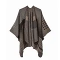 Close-up of thick knitted shawl featuring geometric patterns and brown earth tones - Coffee Geometric Stripe
