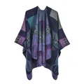 Detailed view of the ethnic geometric pattern and animal totem on the knitted poncho - One Size / Robe / 130x150cm / Vintage Artifact Purple