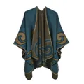 Detail of teal and tan knit poncho showing fine stitching and scrolled patterns - 130*150cm / Vintage Lake Blue Cloud