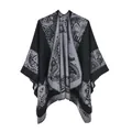 Macro detail of knit poncho shawl featuring vintage paisley and grey floral patterns - 135cmx155cm / Peking Opera Black White