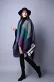 Women's warm knit poncho in deep blue and teal geometric color-block pattern - Large Plaid Purple