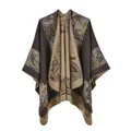 Detail of ethnic paisley pattern on a thick faux cashmere winter poncho shawl - 135cmx155cm / Peking Opera Coffee