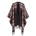 Detailed view of Scottish plaid shawl with classic earth-tone check and tassel fringe - Pink / 130x150cm