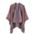 Close-up of vintage paisley pattern on a thick faux cashmere shawl with knitted edges - 135cmx155cm / Peking Opera Orange