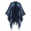 Detailed close-up of navy blue plaid shawl fringe and soft cashmere-like texture - Purple / 130x150cm