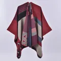 Women's plaid knit poncho wrap with burgundy and navy leopard print patterns - Leopard Red