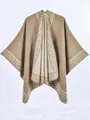 Women's warm camel cashmere-like poncho with Greek Key patterns and open front design - Vintage Greek Key Khaki